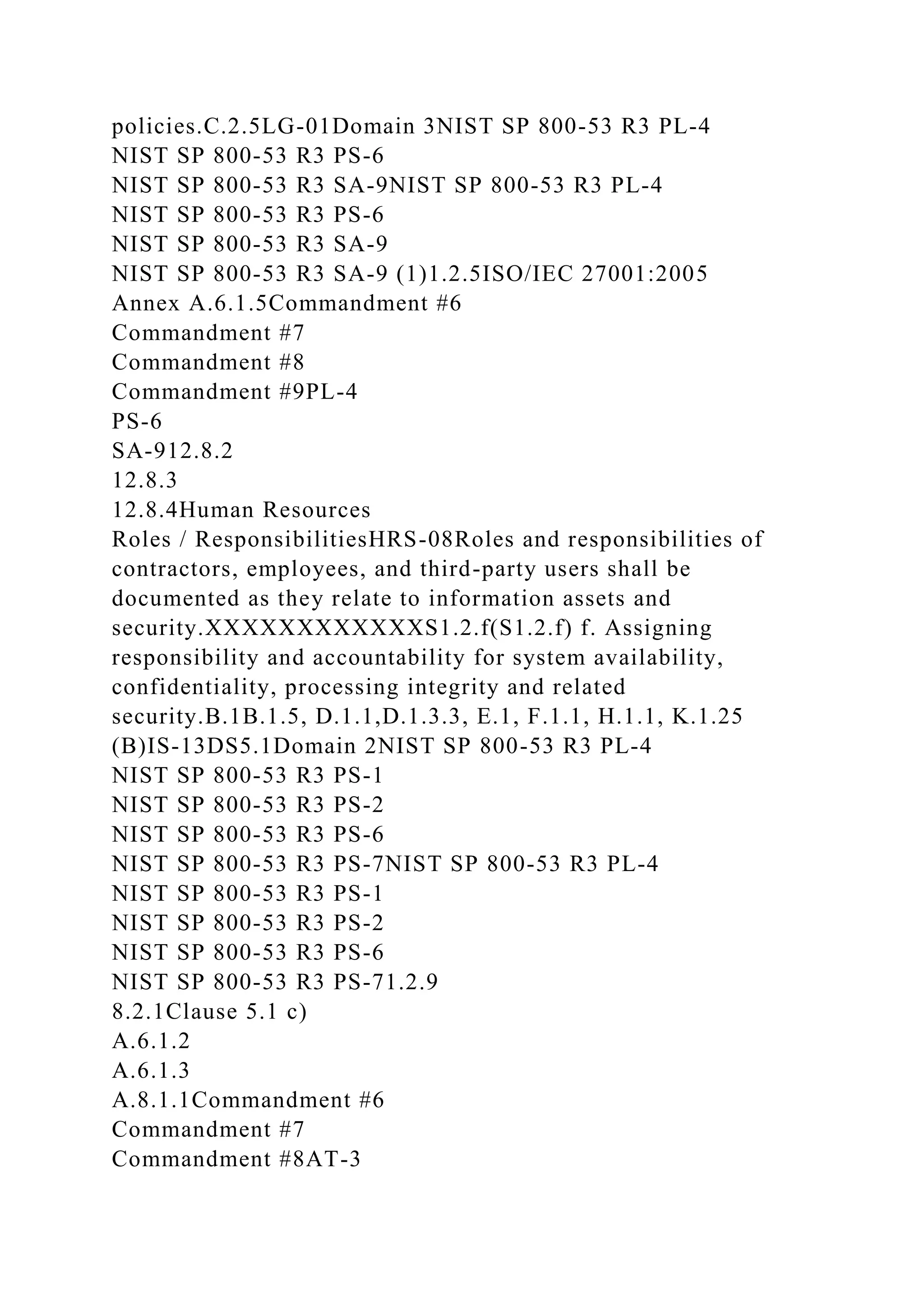policies.C.2.5LG-01Domain 3NIST SP 800-53 R3 PL-4
NIST SP 800-53 R3 PS-6
NIST SP 800-53 R3 SA-9NIST SP 800-53 R3 PL-4
NIST SP 800-53 R3 PS-6
NIST SP 800-53 R3 SA-9
NIST SP 800-53 R3 SA-9 (1)1.2.5ISO/IEC 27001:2005
Annex A.6.1.5Commandment #6
Commandment #7
Commandment #8
Commandment #9PL-4
PS-6
SA-912.8.2
12.8.3
12.8.4Human Resources
Roles / ResponsibilitiesHRS-08Roles and responsibilities of
contractors, employees, and third-party users shall be
documented as they relate to information assets and
security.XXXXXXXXXXXXS1.2.f(S1.2.f) f. Assigning
responsibility and accountability for system availability,
confidentiality, processing integrity and related
security.B.1B.1.5, D.1.1,D.1.3.3, E.1, F.1.1, H.1.1, K.1.25
(B)IS-13DS5.1Domain 2NIST SP 800-53 R3 PL-4
NIST SP 800-53 R3 PS-1
NIST SP 800-53 R3 PS-2
NIST SP 800-53 R3 PS-6
NIST SP 800-53 R3 PS-7NIST SP 800-53 R3 PL-4
NIST SP 800-53 R3 PS-1
NIST SP 800-53 R3 PS-2
NIST SP 800-53 R3 PS-6
NIST SP 800-53 R3 PS-71.2.9
8.2.1Clause 5.1 c)
A.6.1.2
A.6.1.3
A.8.1.1Commandment #6
Commandment #7
Commandment #8AT-3
 
