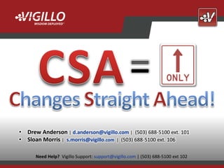 • Drew Anderson | d.anderson@vigillo.com | (503) 688-5100 ext. 101
• Sloan Morris | s.morris@vigillo.com | (503) 688-5100 ext. 106
                                                                                            Copyright
                                                                                     2012 Vigillo LLC.
      Need Help? Vigillo Support: support@vigillo.com | (503) 688-5100 ext 102   All Rights Reserved.
 