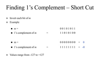 Finding 1’s Complement – Short Cut
 Invert each bit of m
 Example
 m = 0 0 1 0 1 0 1 1
 1’s complement of m = 1 1 0 1 0 1 0 0
 m = 0 0 0 0 0 0 0 0 = 0
 1’s complement of m = 1 1 1 1 1 1 1 1 = -0
 Values range from -127 to +127
 