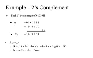 Example – 2’s Complement
 Find 2’s complement of 0101011
 m = 0 1 0 1 0 1 1
= 1 0 1 0 1 0 0
1 +
= 1 0 1 0 1 0 1
 2’s
 Short-cut
1. Search for the 1st bit with value 1 starting fromLSB
2. Inver all bits after 1st one
 