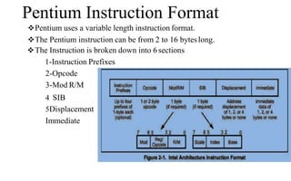 Pentium Instruction Format
Pentium uses a variable length instruction format.
The Pentium instruction can be from 2 to 16 byteslong.
The Instruction is broken down into 6 sections
1-Instruction Prefixes
2-Opcode
3-Mod R/M
4 SIB
5Displacement 6-
Immediate
 