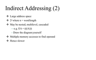 Indirect Addressing (2)
 Large address space
 2n where n = wordlength
 May be nested, multilevel, cascaded
—e.g. EA = (((A)))
– Draw the diagramyourself
 Multiple memory accesses to find operand
 Hence slower
 