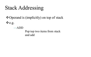 Stack Addressing
Operand is (implicitly) on top of stack
e.g.
—ADD
Pop top two items from stack
and add
 