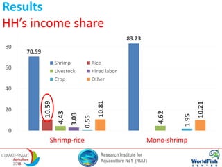 Research Institute for
Aquaculture No1 (RIA1)
Results
HH’s income share
70.59
83.23
10.59
4.43
4.62
3.03
0.55
1.95
10.81
10.21
0
20
40
60
80
Shrimp-rice Mono-shrimp
Shrimp Rice
Livestock Hired labor
Crop Other
 