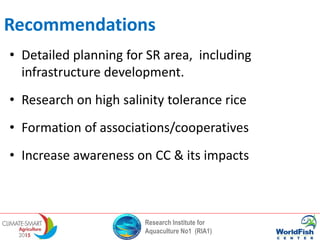Research Institute for
Aquaculture No1 (RIA1)
Recommendations
• Detailed planning for SR area, including
infrastructure development.
• Research on high salinity tolerance rice
• Formation of associations/cooperatives
• Increase awareness on CC & its impacts
 