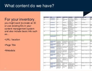 © Content Science
What content do we have?
For your inventory,
you might want to create an ID
or use existing IDs in your
content management system
and also include basic info such
as…
•URL / location
•Page Title
•Metadata
17
 
