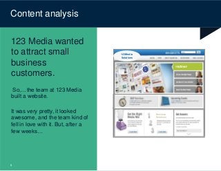 © Content Science
Content analysis
123 Media wanted
to attract small
business
customers.
So,…the team at 123 Media
built a website.
It was very pretty, it looked
awesome, and the team kind of
fell in love with it. But, after a
few weeks…
W
h
y
1
2
3
Media?
1
2
3
M
e
d
i
a
123 Media
Solutions
Business
Solutions
5
 
