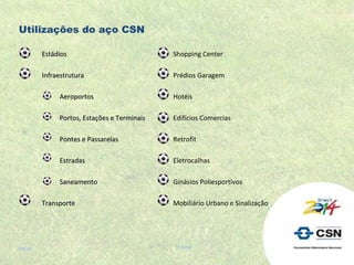 Estádios Infraestrutura Aeroportos Portos, Estações e Terminais Pontes e Passarelas Estradas Saneamento Transporte Início Utilizações do aço CSN Filme Shopping Center  Prédios Garagem  Hotéis Edifícios Comercias Retrofit Eletrocalhas  Ginásios Poliesportivos Mobiliário Urbano e Sinalização 