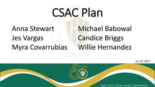 CSAC Plan
Anna Stewart
Jes Vargas
Myra Covarrubias
Michael Babowal
Candice Briggs
Willie Hernandez
Jan 19, 2017
 