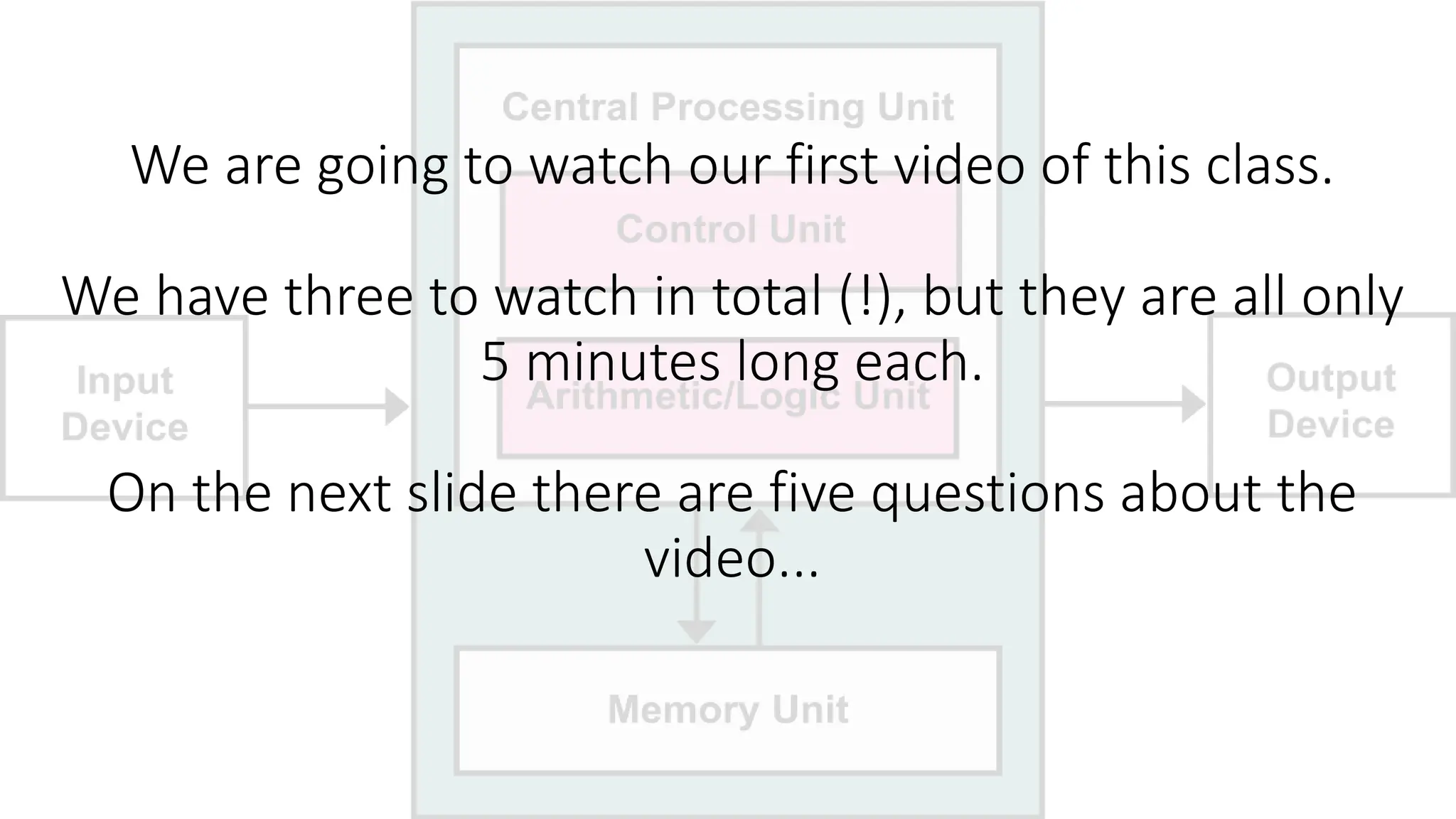 We are going to watch our first video of this class.
We have three to watch in total (!), but they are all only
5 minutes long each.
On the next slide there are five questions about the
video...
 