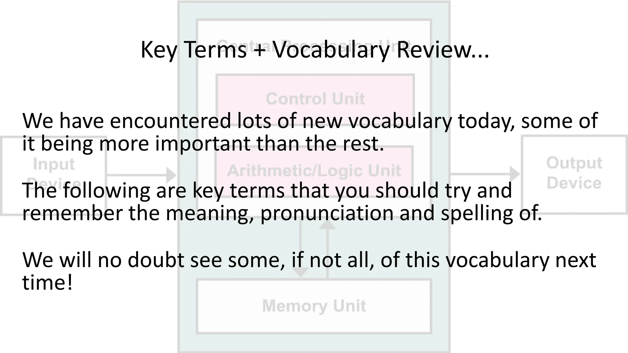 Key Terms + Vocabulary Review...
We have encountered lots of new vocabulary today, some of
it being more important than the rest.
The following are key terms that you should try and
remember the meaning, pronunciation and spelling of.
We will no doubt see some, if not all, of this vocabulary next
time!
 