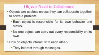Objects Need to Collaborate!
• Objects are useless unless they can collaborate together
to solve a problem.
• Each object is responsible for its own behavior and
status.
• No one object can carry out every responsibility on its
own.
• How do objects interact with each other?
• They interact through messages.
 