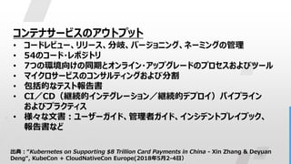 11
コンテナサービスのアウトプット
• コードレビュー、リリース、分岐、バージョニング、ネーミングの管理
• 54のコード・レポジトリ
• 7つの環境向けの同期とオンライン・アップグレードのプロセスおよびツール
• マイクロサービスのコンサルティングおよび分割
• 包括的なテスト報告書
• CI／CD（継続的インテグレーション／継続的デプロイ）パイプライン
およびプラクティス
• 様々な文書：ユーザーガイド、管理者ガイド、インシデントプレイブック、
報告書など
出典：“Kubernetes on Supporting $8 Trillion Card Payments in China - Xin Zhang & Deyuan
Deng“, KubeCon + CloudNativeCon Europe(2018年5月2-4日）
 