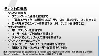15
テナントの概念
• システム管理者
• プラットフォーム全体を管理する
• （異なるクラスターの周辺にある）リソースを、異なるリソースに割当てる
• ロールを異なるユーザーに割当てる（例．テナント管理者など）
• テナント管理者
• 単一のテナントを管理する
• ユーザーグループを追加／削除する
• グループごとに、リソースの許可を割当てる
• グループ／チームとユーザー
• グループ／チームがリソースの許可を保持する
• 所属するグループからユーザーが許可を引き継ぐ
出典：“Kubernetes on Supporting $8 Trillion Card Payments in China - Xin Zhang & Deyuan
Deng“, KubeCon + CloudNativeCon Europe(2018年5月2-4日）
 