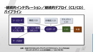 33
・継続的インテグレーション／継続的デプロイ（CI/CD）
パイプライン
出典：日本クラウドセキュリティアライアンス「クラウドコンピューティングのための
セキュリティガイダンス v4.0」日本語版1.1（2017年7月）
 