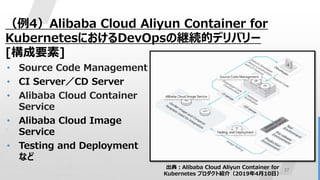 37
（例4）Alibaba Cloud Aliyun Container for
KubernetesにおけるDevOpsの継続的デリバリー
[構成要素]
• Source Code Management
• CI Server／CD Server
• Alibaba Cloud Container
Service
• Alibaba Cloud Image
Service
• Testing and Deployment
など
出典：Alibaba Cloud Aliyun Container for
Kubernetes プロダクト紹介（2019年4月10日）
 