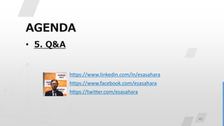 40
AGENDA
• 5. Q&A
https://www.linkedin.com/in/esasahara
https://www.facebook.com/esasahara
https://twitter.com/esasahara
 