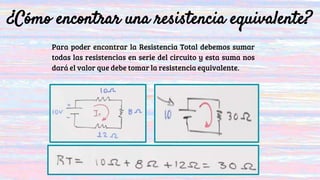 ¿Cómo encontrar una resistencia equivalente?
Para poder encontrar la Resistencia Total debemos sumar
todas las resistencias en serie del circuito y esta suma nos
dará el valor que debe tomar la resistencia equivalente.
 