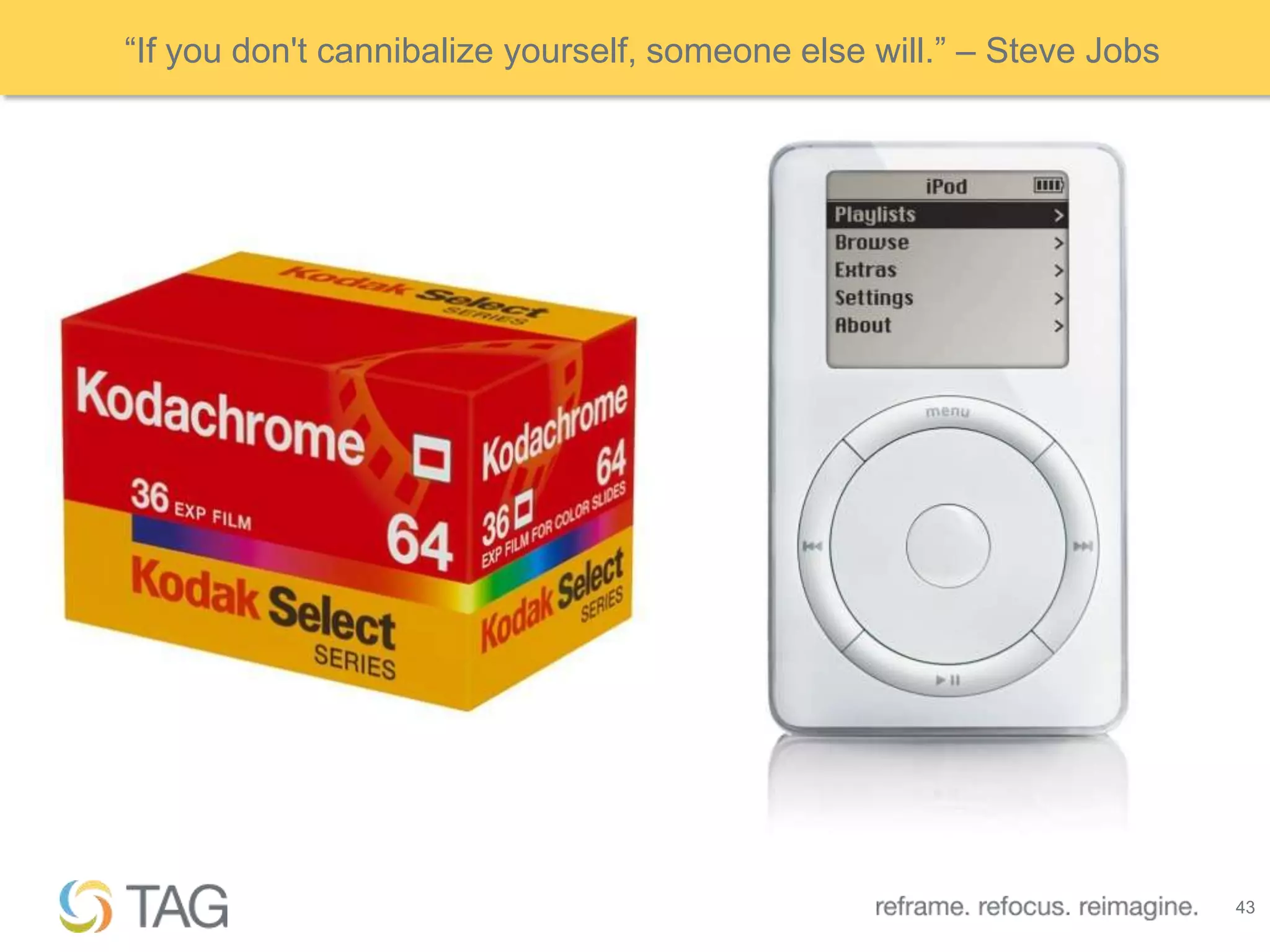 “If you don't cannibalize yourself, someone else will.” – Steve Jobs




                                                                       43
 