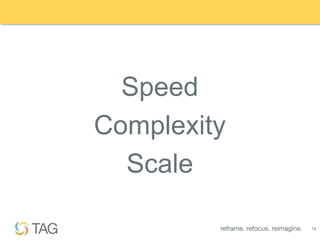 Speed
Complexity
  Scale

             14
 