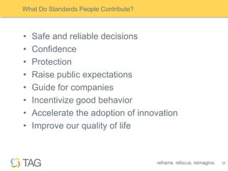 What Do Standards People Contribute?



•   Safe and reliable decisions
•   Confidence
•   Protection
•   Raise public expectations
•   Guide for companies
•   Incentivize good behavior
•   Accelerate the adoption of innovation
•   Improve our quality of life



                                            28
 