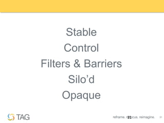 Stable
      Control
Filters & Barriers
       Silo‟d
     Opaque
                     31   31
 