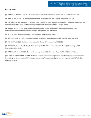 SECURITY GUIDANCE FOR CRITICAL AREAS OF
FOCUS IN CLOUD COMPUTING V3.0
©2011 CLOUD SECURITY ALLIANCE | 102
REFERENCES
[1] GRANCE, T., KENT, K., and KIM, B. Computer Security Incident Handling Guide. NIST Special Publication 800-61.
[2] MELL, P. and GRANCE, T. The NIST Definition of Cloud Computing, NIST Special Publication 800-145.
[3] GROBAUER, B. and SCHRECK, T. October 2010. Towards Incident Handling in the Cloud: Challenges and Approaches.
In Proceedings of the Third ACM Cloud Computing Security Workshop (CCSW), Chicago, Illinois.
[4] WOLTHUSEN, S. 2009. Overcast: Forensic Discovery in Cloud Environments. In Proceedings of the Fifth
International Conference on IT Security Incident Management and IT Forensics.
[5] REED, J. 2011. Following Incidents into the Cloud. SANS Reading Room
[6] DANYLIW, R., et al. 2007. The Incident Object Description Exchange Format, IETF Internet Draft RFC 5070.
[7] MORIARTY, K. 2010. Real-time Inter-network Defense, IETF Internet Draft RFC 6045.
[8] MORIARTY, K., and TRAMMELL, B. 2010. Transport of Real-time Inter-network Defense (RID) Messages, IETF
Internet Draft RFC 6046.
[9] FITZGERALD, E., et al. 2010. Common Event Expression (CEE) Overview. Report of the CEE Editorial Board.
[10] BIRK, D. and WEGENER, C. 2011. Technical Issues of Forensic Investigations in Cloud Computing Environments In
Proceedings of 6th International Workshop on Systematic Approaches to Digital Forensic Engineering (IEEE/SADFE),
Oakland, CA, USA.
 