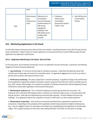 SECURITY GUIDANCE FOR CRITICAL AREAS OF
FOCUS IN CLOUD COMPUTING V3.0
©2011 CLOUD SECURITY ALLIANCE | 124
Level
IAAS
Multi-tenancy
at an
Infrastructure
Level
Deficiencies in
virtualization
security (improper
implementation of
VM zoning,
segregation
leading to inter
VM attacks across
multiple IAAS
tenants)
 Traditional
Infrastructure
Vulnerability
Assessment (need to
“define” this)
 Inter VM Security
/ Vulnerability
Testing
10.5 Monitoring Applications in the Cloud
As with other aspects of cloud security, what and how one monitors a cloud-based system varies with the type of cloud
under consideration. What it means to monitor applications in the cloud and how to monitor different types of cloud
applications are explained in detail below.
10.5.1 Application Monitoring in the Cloud: Give and Take
For this document, we are limiting “monitoring” to focus on application security monitoring. In particular, the following
categories of metrics should be addressed:
1. Log monitoring. It is not just to archive logs for compliance purposes. Understand the potential output that
could be sent to these logs, and monitor for actionable events. An application logging errors is of zero use unless a
process exists to detect and respond to those errors.
2. Performance monitoring. This plays a large factor in shared computing. A significant change in the performance
of one application could be the symptom of another customer using more than their fair share of a limited resource
(e.g., CPU, memory, SAN storage), or it could be the symptom of malicious activity either with the application being
monitored or with another application in the shared infrastructure.
3. Monitoring for malicious use. This is a blend of auditing and monitoring required to be successful. The
enterprise must understand what happens when a malicious user attempts to gain access, or use permissions that
they do not have. Audit logs must log failed (and successful) login attempts. Do data-validation functions log
anything? If an application experiences a significant increase in traffic load, is an alert created anywhere?
4. Monitoring for compromise. Here the key is how quickly and efficiently an organization responds to the
compromise. Depending on the complexity of the application, determining compromise might be relatively easy
(e.g., “User A is logged in twice”) or may require more effort (e.g., developing heuristic algorithms to monitor data
usage). This is a good example of an item that, when addressed earlier in the SDLC, can be easier to manage.
 