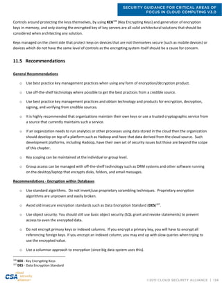 SECURITY GUIDANCE FOR CRITICAL AREAS OF
FOCUS IN CLOUD COMPUTING V3.0
©2011 CLOUD SECURITY ALLIANCE | 134
Controls around protecting the keys themselves, by using KEK106
(Key Encrypting Keys) and generation of encryption
keys in-memory, and only storing the encrypted key of key servers are all valid architectural solutions that should be
considered when architecting any solution.
Keys managed on the client side that protect keys on devices that are not themselves secure (such as mobile devices) or
devices which do not have the same level of controls as the encrypting system itself should be a cause for concern.
11.5 Recommendations
General Recommendations
o Use best practice key management practices when using any form of encryption/decryption product.
o Use off-the-shelf technology where possible to get the best practices from a credible source.
o Use best practice key management practices and obtain technology and products for encryption, decryption,
signing, and verifying from credible sources.
o It is highly recommended that organizations maintain their own keys or use a trusted cryptographic service from
a source that currently maintains such a service.
o If an organization needs to run analytics or other processes using data stored in the cloud then the organization
should develop on top of a platform such as Hadoop and have that data derived from the cloud source. Such
development platforms, including Hadoop, have their own set of security issues but those are beyond the scope
of this chapter.
o Key scoping can be maintained at the individual or group level.
o Group access can be managed with off-the-shelf technology such as DRM systems and other software running
on the desktop/laptop that encrypts disks, folders, and email messages.
Recommendations - Encryption within Databases
o Use standard algorithms. Do not invent/use proprietary scrambling techniques. Proprietary encryption
algorithms are unproven and easily broken.
o Avoid old insecure encryption standards such as Data Encryption Standard (DES)107
.
o Use object security. You should still use basic object security (SQL grant and revoke statements) to prevent
access to even the encrypted data.
o Do not encrypt primary keys or indexed columns. If you encrypt a primary key, you will have to encrypt all
referencing foreign keys. If you encrypt an indexed column, you may end up with slow queries when trying to
use the encrypted value.
o Use a columnar approach to encryption (since big data system uses this).
106
KEK - Key Encrypting Keys
107
DES - Data Encryption Standard
 
