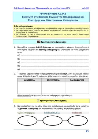 Α.1 Βασικές έννοιες της Πληροφορικής και της Επιστήμης Η/Υ Α.1.Μ2
13
ΦΥΛΛΟ ΕΡΓΑΣΙΑΣ Α.1.Μ2
Εισαγωγή στις Βασικές Έννοιες της Πληροφορικής και
Επιστήμης των Ηλεκτρονικών Υπολογιστών
Τι θα μάθουμε σήμερα:
Να εξηγούμε τις έννοιες «δεδομένα» και «πληροφορίες» και να τις αναγνωρίζουμε σε παραδείγματα
Να αναφέρουμε και να εξηγούμε τις βασικές λειτουργίες ενός υπολογιστή και να μπορούμε να τις
ξεχωρίζουμε σε παραδείγματα
Να εξηγούμε τι είναι η Πληροφορική και να αναφέρουμε τη σχέση μεταξύ Ηλεκτρονικού
Υπολογιστή και Πληροφορικής.
Δραστηριότητες Εμπέδωσης
1. Να ανοίξετε το αρχείο A.1.M2-Quiz.exe, να ολοκληρώσετε μόνο τη Δραστηριότητα Α
όπου πρέπει να βρείτε τις βασικές λειτουργίες του υπολογιστή και να τις γράψετε πιο
κάτω:
(α) ..........................................................................................................................
(β) ..........................................................................................................................
(γ) ..........................................................................................................................
(δ) ..........................................................................................................................
(ε) ..........................................................................................................................
2. Το σχολείο μας αποφάσισε να πραγματοποιήσει μια εκδρομή. Στην εκδρομή θα λάβουν
μέρος 420 μαθητές και 30 καθηγητές. Κάθε λεωφορείο μπορεί να μεταφέρει 50 επιβάτες.
ΔΕΔΟΜΕΝΑ ΕΠΕΞΕΡΓΑΣΙΑ ΠΛΗΡΟΦΟΡΙΕΣ
Πόσα λεωφορεία θα χρειαστούν για την εκδρομή του σχολείου μας;
Δραστηριότητες Αξιολόγησης
3. Να τοποθετήσετε τις πιο κάτω λέξεις στο σχεδιάγραμμα που ακολουθεί ώστε να δείχνει
τις βασικές λειτουργίες του Ηλεκτρονικού Υπολογιστή, στη κατάλληλη θέση:
Έξοδος Πληροφοριών Είσοδος Δεδομένων Επεξεργασία
 