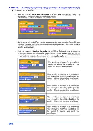 Α.7.Μ5-Μ6 Α.7 Αλγοριθμική Σκέψη, Προγραμματισμός & Σύγχρονες Εφαρμογές
164
 ΕΝΤΟΛΕΣ για το Ψαράκι:
o Από την περιοχή Λίστα των Μορφών να κάνετε κλικ στο Ψαράκι. Ήδη, στη
περιοχή των σεναρίων υπάρχουν κάποιες εντολές:
Αυτές οι εντολές καθορίζουν το πώς θα ανταποκρίνεται το ψαράκι εάν αγγίζει τον
κάβουρα (κόκκινο χρώμα) ή εάν φτάσει στον προορισμό του, που είναι το άλλο
ψαράκι (μωβ χρώμα).
o Από την περιοχή Παλέτα Εντολών να επιλέξετε διαδοχικά την απαραίτητη
κατηγορία εντολών και ακολούθως χρησιμοποιώντας την τεχνική σύρε και άφησε
να μεταφέρετε τις ακόλουθες εντολές στην περιοχή Σεναρίων.
Κάθε φορά που κάνουμε κλικ στη πράσινη
σημαία, το ψαράκι θα μεταφέρεται στην
αρχική του θέση και θα εμφανίζεται.
Όταν πατηθεί το πλήκτρο , η κατεύθυνση
του αντικειμένου θα αλλάξει (κάτω) και θα
κινηθεί 5 βήματα προς αυτή την κατεύθυνση.
Όταν πατηθεί το πλήκτρο , η κατεύθυνση
του αντικειμένου θα αλλάξει (πάνω) και θα
κινηθεί 5 βήματα προς αυτή την κατεύθυνση.
Όταν πατηθεί το πλήκτρο , η κατεύθυνση
του αντικειμένου θα αλλάξει (δεξιά) και θα
κινηθεί 5 βήματα προς αυτή την κατεύθυνση.
Όταν πατηθεί το πλήκτρο , η κατεύθυνση
του αντικειμένου θα αλλάξει (αριστερά) και
θα κινηθεί 5 βήματα προς αυτή την
κατεύθυνση.
 