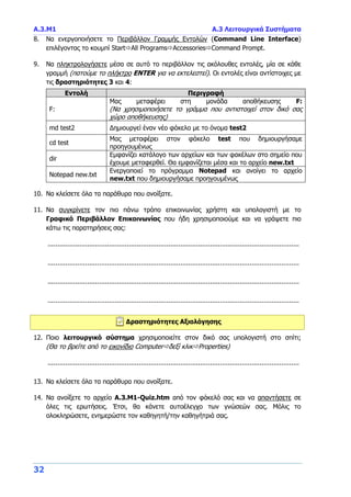 Α.3.Μ1 Α.3 Λειτουργικά Συστήματα
32
8. Να ενεργοποιήσετε το Περιβάλλον Γραμμής Εντολών (Command Line Interface)
επιλέγοντας το κουμπί StartAll ProgramsAccessoriesCommand Prompt.
9. Να πληκτρολογήσετε μέσα σε αυτό το περιβάλλον τις ακόλουθες εντολές, μία σε κάθε
γραμμή (πατούμε το πλήκτρο ENTER για να εκτελεστεί). Οι εντολές είναι αντίστοιχες με
τις δραστηριότητες 3 και 4:
Εντολή Περιγραφή
F:
Μας μεταφέρει στη μονάδα αποθήκευσης F:
(Να χρησιμοποιήσετε το γράμμα που αντιστοιχεί στον δικό σας
χώρο αποθήκευσης)
md test2 Δημιουργεί έναν νέο φάκελο με το όνομα test2
cd test
Μας μεταφέρει στον φάκελο test που δημιουργήσαμε
προηγουμένως
dir
Εμφανίζει κατάλογο των αρχείων και των φακέλων στο σημείο που
έχουμε μεταφερθεί. Θα εμφανίζεται μέσα και το αρχείο new.txt
Notepad new.txt
Ενεργοποιεί το πρόγραμμα Notepad και ανοίγει το αρχείο
new.txt που δημιουργήσαμε προηγουμένως
10. Να κλείσετε όλα τα παράθυρα που ανοίξατε.
11. Να συγκρίνετε τον πιο πάνω τρόπο επικοινωνίας χρήστη και υπολογιστή με το
Γραφικό Περιβάλλον Επικοινωνίας που ήδη χρησιμοποιούμε και να γράψετε πιο
κάτω τις παρατηρήσεις σας:
...............................................................................................................................
...............................................................................................................................
...............................................................................................................................
...............................................................................................................................
Δραστηριότητες Αξιολόγησης
12. Ποιο λειτουργικό σύστημα χρησιμοποιείτε στον δικό σας υπολογιστή στο σπίτι;
(Θα το βρείτε από το εικονίδιο Computerδεξί κλικProperties)
...............................................................................................................................
13. Να κλείσετε όλα τα παράθυρα που ανοίξατε.
14. Να ανοίξετε το αρχείο A.3.M1-Quiz.htm από τον φάκελό σας και να απαντήσετε σε
όλες τις ερωτήσεις. Έτσι, θα κάνετε αυτοέλεγχο των γνώσεών σας. Μόλις το
ολοκληρώσετε, ενημερώστε τον καθηγητή/την καθηγήτριά σας.
 