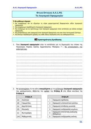 Α.4.1 Λογισμικό Εφαρμογών Α.4.1.M1
51
ΦΥΛΛΟ ΕΡΓΑΣΙΑΣ Α.4.1.Μ1
Το Λογισμικό Εφαρμογών
Τι θα μάθουμε σήμερα:
Να αναφέρουμε και να εξηγούμε τα κύρια χαρακτηριστικά διαφορετικών ειδών λογισμικού
εφαρμογών
Να αναφέρουμε παραδείγματα λογισμικού εφαρμογών
Να επιλέγουμε και να προτείνουμε ποιο λογισμικό εφαρμογών είναι κατάλληλο για κάποιο σενάριο
εφαρμογής
Να αποφασίζουμε ποια εφαρμογή είναι Λογισμικό Εφαρμογών και ποια είναι Λειτουργικό Σύστημα
Να δίνουμε παραδείγματα χρήσης του κάθε είδους λογισμικού από την καθημερινότητα.
Δραστηριότητες Εμπέδωσης
1. Ποιο λογισμικό εφαρμογών είναι το κατάλληλο για τη δημιουργία του πίνακα της
Παγκύπριας Πορείας Αγάπης Αρχιεπίσκοπου Μακάριου Γ΄; Να αιτιολογήσετε την
απάντησή σας.
................................................................................................................................
................................................................................................................................
................................................................................................................................
................................................................................................................................
................................................................................................................................
................................................................................................................................
................................................................................................................................
................................................................................................................................
................................................................................................................................
................................................................................................................................
................................................................................................................................
2. Να αντιστοιχίσετε τα πιο κάτω επαγγέλματα με τα αντίστοιχα λογισμικά εφαρμογών
που χρησιμοποιούν, βάζοντας τον αριθμό της Στήλης Β στα άδεια κουτάκια της
Στήλης Α:
Στήλη Α Στήλη Β
(α) Λογίστρια 1 Εφαρμογή σχεδίασης
(β) Γραμματέας 2 Εφαρμογή υπολογιστικού φύλλου
(γ) Αρχιτέκτονας 3 Εφαρμογή σύνθεσης μουσικής
(δ) Μουσικός 4 Εφαρμογή επεξεργασίας κειμένου
(ε) Φωτογράφος 5
Εφαρμογή στατιστικής ανάλυσης
δεδομένων
(στ) Μαθηματικός 6 Εφαρμογή επεξεργασίας εικόνας
 
