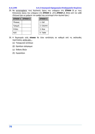 Α.4.2.Μ9 Α.4.2 Λογισμικό Εφαρμογών/Επεξεργασία Κειμένου
78
29. Να αντιστοιχίσετε τους Αγγλικούς όρους που υπάρχουν στη ΣΤΗΛΗ 3 με τους
Ελληνικούς όρους που υπάρχουν στη ΣΤΗΛΗ 1: (Στη ΣΤΗΛΗ 2, δίπλα από τον κάθε
Ελληνικό όρο να γράψετε τον αριθμό που αντιστοιχεί στον Αγγλικό όρο.)
ΣΤΗΛΗ 1 ΣΤΗΛΗ 2 ΣΤΗΛΗ 3
Πίνακας 1. Cell
Γραμμή 2. Column
Στήλη 3. Row
Κελί 4. Table
30. Η δημιουργία ενός πίνακα θα ήταν κατάλληλη σε καθεμιά από τις ακόλουθες
περιπτώσεις, εκτός από….
(α) Τηλεφωνικό κατάλογο
(β) Ωρολόγιο πρόγραμμα
(γ) Έκθεση Ιδεών
(δ) Ημερολόγιο
 
