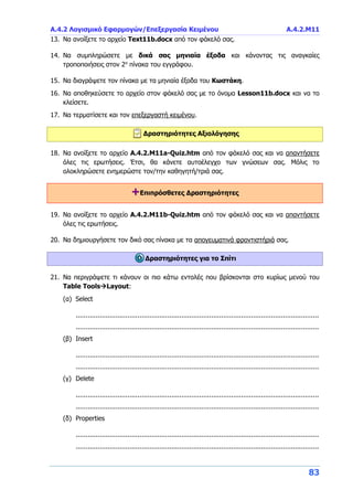 Α.4.2 Λογισμικό Εφαρμογών/Επεξεργασία Κειμένου Α.4.2.Μ11
83
13. Να ανοίξετε το αρχείο Text11b.docx από τον φάκελό σας.
14. Να συμπληρώσετε με δικά σας μηνιαία έξοδα και κάνοντας τις αναγκαίες
τροποποιήσεις στον 2ο
πίνακα του εγγράφου.
15. Να διαγράψετε τον πίνακα με τα μηνιαία έξοδα του Κωστάκη.
16. Να αποθηκεύσετε το αρχείο στον φάκελό σας με το όνομα Lesson11b.docx και να το
κλείσετε.
17. Να τερματίσετε και τον επεξεργαστή κειμένου.
Δραστηριότητες Αξιολόγησης
18. Να ανοίξετε το αρχείο A.4.2.M11a-Quiz.htm από τον φάκελό σας και να απαντήσετε
όλες τις ερωτήσεις. Έτσι, θα κάνετε αυτοέλεγχο των γνώσεων σας. Μόλις το
ολοκληρώσετε ενημερώστε τον/την καθηγητή/τριά σας.
+Επιπρόσθετες Δραστηριότητες
19. Να ανοίξετε το αρχείο A.4.2.M11b-Quiz.htm από τον φάκελό σας και να απαντήσετε
όλες τις ερωτήσεις.
20. Να δημιουργήσετε τον δικό σας πίνακα με τα απογευματινά φροντιστήριά σας.
Δραστηριότητες για το Σπίτι
21. Να περιγράψετε τι κάνουν οι πιο κάτω εντολές που βρίσκονται στο κυρίως μενού του
Table ToolsLayout:
(α) Select
..........................................................................................................................
..........................................................................................................................
(β) Insert
..........................................................................................................................
..........................................................................................................................
(γ) Delete
..........................................................................................................................
..........................................................................................................................
(δ) Properties
..........................................................................................................................
..........................................................................................................................
 