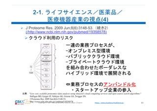 https://www.cloudsecurityalliance.jp/Copyright © 2017 Cloud Security Alliance Japan Chapter 11
J Proteome Res. 2009 Jun;8(6):3148-53.（続き2）
(/http://www.ncbi.nlm.nih.gov/pubmed/19358578)
クラウド利用のリスク
出典： "Low cost, scalable proteomics data analysis using Amazon's cloud computing services and open source search algorithms.“
Halligan BD, Geiger JF, Vallejos AK, Greene AS, Twigger SN.
J Proteome Res. 2009 Jun;8(6):3148-53.
http://www.ncbi.nlm.nih.gov/pubmed/19358578
一連の業務プロセスが、
-オンプレミス型環境
-パブリッククラウド環境
-プライベートクラウド環境
を組み合わせたボーダレスな
ハイブリッド環境で展開される
⇔業務プロセスのアンバンドル化
・スタートアップ企業の参入
 