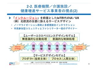 https://www.cloudsecurityalliance.jp/Copyright © 2017 Cloud Security Alliance Japan Chapter 16
「インクルージョン」を前提としたIoT時代のUI／UX
（例）北欧流の五感に訴えるサービスデザイン
• ノーマライゼーション原則と多感覚統合インタラクション
• 市民参加型コミュニティとファシリテーター役のデザイナー
出典：ヘルスケアクラウド研究会（2015年11月）を基にWG作成
プロダクト（技術主体） プロセス（人間主体）
【サービスデザインモデル】
視
覚
聴
覚
触
覚
味
覚
嗅
覚
無意識的な自動処理 意識的な制御処理
【ユーザーエクスペリエンスデザインモデル】
Culture &
Creativity
Internet
of Things
 