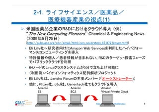 https://www.cloudsecurityalliance.jp/Copyright © 2017 Cloud Security Alliance Japan Chapter 8
米国医薬品企業のR&Dにおけるクラウド導入 （例）
“The New Computing Pioneers” Chemical & Engineering News
（2009年5月25日）
(http://pubs.acs.org/cen/email/html/cen_coverstory_87_8721cover.html)
• Eli Lilly社～研究者向けにAmazon Web Servicesを利用したハイパフォー
マンスコンピューティングを導入
• 特許情報や個人／患者情報が含まれない、R&Dのターゲット探索フェーズ
でパブリッククラウドを利用
• 64ノードのLinuxクラスタシステムが5分で立ち上げ可能に
• （利用例）バイオインフォマティクス配列解析プロジェクト
• Eli Lilly社は、Jericho Forumの主要メンバー (「オーケストレーター」）
• 他に、Pfizer社、J&J社、Genentech社でもクラウドを導入
Amazon
S3
Amazon
EC2
Amazon
Virtual Private Cloud
 