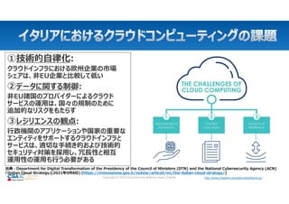 http://www.chapters.cloudsecurityalliance.jp/
Copyright © 2024 Cloud Security Alliance Japan Chapter http://www.chapters.cloudsecurityalliance.jp/
①技術的自律化:
クラウドインフラにおける欧州企業の市場
シェアは、非EU企業と比較して低い
②データに関する制御:
非EU諸国のプロバイダーによるクラウド
サービスの運用は、国々の規制のために
追加的なリスクをもたらす
③レジリエンスの観点:
行政機関のアプリケーションや国家の重要な
エンティティをサポートするクラウドインフラと
サービスは、適切な手続き的および技術的
セキュリティ対策を採用し、冗⾧性と相互
運用性の運用も行う必要がある
出典:Department for Digital Transformation of the Presidency of the Council of Ministers (DTN) and the National Cybersecurity Agency (ACN)
「Italian Cloud Strategy」(2021年9月8日) (https://innovazione.gov.it/notizie/articoli/en/the-italian-cloud-strategy/)
 