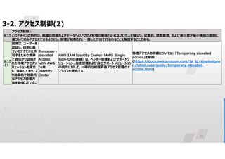 23
3-2. アクセス制御(2)
アクセス制御:
このドメインの目的は、組織の資産およびデータへのアクセス管理の制御と正式なプロセスを確立し、従業員、請負業者、および第三者が最小権限の原則に
基づいてのみアクセスできるようにし、管理が統制され、一貫した方法で行われることを保証することである。
B.15
特権アクセスの詳細については、「Temporary elevated
access」を参照
(https://docs.aws.amazon.com/ja_jp/singlesigno
n/latest/userguide/temporary-elevated-
access.html)
AWS IAM Identity Center（AWS Single
Sign-Onの後継）は、ベンダー管理およびサポートソ
リューション、自主管理および自社サポートソリューション
の両方に対して、一時的な権限昇格アクセス管理のオ
プションを提供する。
Temporary
elevated
Access
with AWS
IAM
Identity
Center
組織は、ユーザーを
認証し、役割に基
づいてアクセスを許
可するための業界
で適切かつ認知さ
れた特権アクセスソ
リューションを確立
し、実装しており、よ
り効率的で効果的
なアクセス管理方
法を確保している。
B.15
.11
 