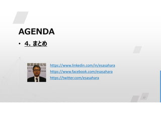 27
AGENDA
• 4. まとめ
https://www.linkedin.com/in/esasahara
https://www.facebook.com/esasahara
https://twitter.com/esasahara
 