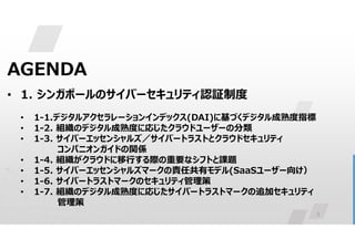 3
AGENDA
• 1. シンガポールのサイバーセキュリティ認証制度
• 1-1.デジタルアクセラレーションインデックス(DAI)に基づくデジタル成熟度指標
• 1-2. 組織のデジタル成熟度に応じたクラウドユーザーの分類
• 1-3. サイバーエッセンシャルズ／サイバートラストとクラウドセキュリティ
コンパニオンガイドの関係
• 1-4. 組織がクラウドに移行する際の重要なシフトと課題
• 1-5. サイバーエッセンシャルズマークの責任共有モデル(SaaSユーザー向け）
• 1-6. サイバートラストマークのセキュリティ管理策
• 1-7. 組織のデジタル成熟度に応じたサイバートラストマークの追加セキュリティ
管理策
 