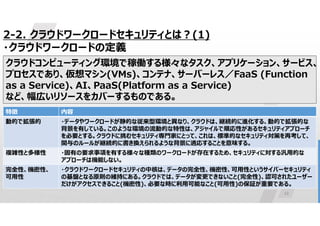 12
2-2. クラウドワークロードセキュリティとは?(1)
・クラウドワークロードの定義
クラウドコンピューティング環境で稼働する様々なタスク、アプリケーション、サービス、
プロセスであり、仮想マシン(VMs)、コンテナ、サーバーレス／FaaS (Function
as a Service)、AI、PaaS(Platform as a Service)
など、幅広いリソースをカバーするものである。
内容
特徴
・データやワークロードが静的な従来型環境と異なり、クラウドは、継続的に進化する、動的で拡張的な
背景を有している。このような環境の流動的な特性は、アジャイルで順応性があるセキュリティアプローチ
を必要とする。クラウドに挑むセキュリティ専門家にとって、これは、標準的なセキュリティ対策を再考して、
関与のルールが継続的に書き換えられるような背景に適応することを意味する。
動的で拡張的
・固有の要求事項を有する様々な種類のワークロードが存在するため、セキュリティに対する汎用的な
アプローチは機能しない。
複雑性と多様性
・クラウドワークロードセキュリティの中核は、データの完全性、機密性、可用性というサイバーセキュリティ
の基盤となる原則の維持にある。クラウドでは、データが変更できないこと(完全性)、認可されたユーザー
だけがアクセスできること(機密性)、必要な時に利用可能なこと(可用性)の保証が重要である。
完全性、機密性、
可用性
 