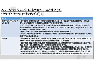 13
2-2. クラウドワークロードセキュリティとは?(2)
・クラウドワークロードのタイプ(1)
内容
タイプ
・クラウドサービスプロバイダー(CSP)が管理するハイパーバイザおよびその他の管理プレーンコンポー
ネントにより強制された、別個のOSを通して分離を提供する。
・ハイパーバイザは、クラウドサービスプロバイダー(CSP)が維持する重要なコンポーネントであるが、
個々のVM内のゲストOSのセキュリティは、通常、クラウドサービスカスタマー(CSC)が取扱うので、周
到な構成とパッチ当てが必要となる。
・さらに、VMスプロールは、重大なセキュリティリスクを示す可能性がある。
・加えて、スナップショットやイメージの管理は、機微データの漏えいを防止するために重要であり、厳格
なガバナンスを必要とする。
仮想マシン(VMs)とイ
ンスタンス
・コンテナは、ホストOSのカーネルを共有する、分離したランタイム環境であるが、自らのファイルシステ
ムやライブラリ、構成を備えた別個の自己完結型プロセスとして稼働する。
・コンテナは、軽量で効率的なVMの代替品を提供するが、異なるセキュリティ課題を示す。コンテナは、
ホストOSカーネルを共有するので、本質的に弱い分離を提供する。
・コンテナ化した環境におけるセキュリティは、正確にOSレベルの制御を構成し、コンテナイメージのセキュ
リティを維持し、コンテナのランタイム環境が適切に構成されていることを保証するように決定される。
・Kubernetesのようなオーケストレーターのセキュリティ強化における利点にも関わらず、オーケスト
レーターは、侵害防止のために注意深く切り抜けなければならないような追加的複雑性をもたらす。
コンテナ
 
