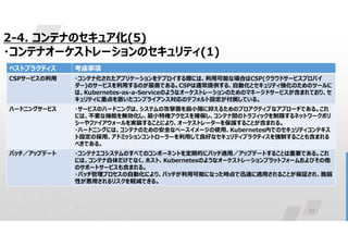 33
2-4. コンテナのセキュア化(5)
・コンテナオーケストレーションのセキュリティ(1)
考慮事項
ベストプラクティス
・コンテナ化されたアプリケーションをデプロイする際には、利用可能な場合はCSP(クラウドサービスプロバイ
ダー)のサービスを利用するのが最善である。CSPは通常提供する、自動化とセキュリティ強化のためのツールに
は、Kubernetes-as-a-Serviceのようなオーケストレーションのためのマネージドサービスが含まれており、セ
キュリティに重点を置いたコンプライアンス対応のデフォルト設定が付属している。
CSPサービスの利用
・サービスのハードニングは、システムの攻撃面を最小限に抑えるためのプロアクティブなアプローチである。これ
には、不要な機能を無効化し、最小特権アクセスを確保し、コンテナ間のトラフィックを制限するネットワークポリ
シーやファイアウォールを実装することにより、オーケストレーターを保護することが含まれる。
・ハードニングには、コンテナのための安全なベースイメージの使用、Kubernetes内でのセキュリティコンテキス
ト設定の採用、アドミッションコントローラーを利用して良好なセキュリティプラクティスを強制することも含まれる
べきである。
ハードニングサービス
・コンテナエコシステムのすべてのコンポーネントを定期的にパッチ適用／アップデートすることは重要である。これ
には、コンテナ自体だけでなく、ホスト、Kubernetesのようなオーケストレーションプラットフォームおよびその他
のサポートサービスも含まれる。
・パッチ管理プロセスの自動化により、パッチが利用可能になった時点で迅速に適用されることが保証され、脆弱
性が悪用されるリスクを軽減できる。
パッチ／アップデート
 