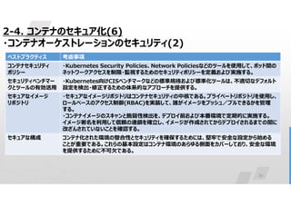 34
2-4. コンテナのセキュア化(6)
・コンテナオーケストレーションのセキュリティ(2)
考慮事項
ベストプラクティス
・Kubernetes Security Policies、Network Policiesなどのツールを使用して、ポッド間の
ネットワークアクセスを制限・監視するためのセキュリティポリシーを定義および実施する。
コンテナセキュリティ
ポリシー
・Kubernetes向けCISベンチマークなどの標準規格および標準化ツールは、不適切なデフォルト
設定を検出・修正するための体系的なアプローチを提供する。
セキュリティベンチマー
クとツールの有効活用
・セキュアなイメージリポジトリはコンテナセキュリティの中核である。プライベートリポジトリを使用し、
ロールベースのアクセス制御(RBAC)を実装して、誰がイメージをプッシュ／プルできるかを管理
する。
・コンテナイメージのスキャンと脆弱性検出を、デプロイ前および本番環境で定期的に実施する。
イメージ署名を利用して信頼の連鎖を確立し、イメージが作成されてからデプロイされるまでの間に
改ざんされていないことを確認する。
セキュアなイメージ
リポジトリ
コンテナ化された環境の整合性とセキュリティを確保するためには、堅牢で安全な設定から始める
ことが重要である。これらの基本設定はコンテナ環境のあらゆる側面をカバーしており、安全な環境
を提供するために不可欠である。
セキュアな構成
 
