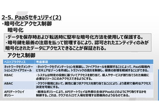 40
2-5. PaaSセキュリティ(2)
・暗号化とアクセス制御
暗号化
アクセス制御
・データを保存時および転送時に堅牢な暗号化方法を使用して保護する。
・暗号鍵を最善の注意を払って管理するにより、認可されたエンティティのみが
暗号化されたデータにアクセスできることが保証される。
考慮事項
ベストプラクティス
・ネットワークセグメンテーションを実装し、ファイアウォールを展開することによって、PaaS環境内
にセキュアなゾーンを作成し、トラフィックの流れを制御し、侵害の影響を軽減することができる。
ネットワークセグメンテー
ションとファイアウォール
・システムは特定の役割に基づいてアクセスを割り当て、個人やサービスが割り当てられた機能に
必要なリソースにのみアクセスできるようにする。
RBAC
・クラウド環境において、属性に基づきアクセスを割り当てることにより、より柔軟で動的なアクセス
決定を可能にする。
ABAC
・厳格なポリシーにより、APIゲートウェイは外部の主体がPaaSとどのようにやり取りするかを
制御する。これは、クラブの入口で入場を管理する警備員のようなものである。
APIゲートウェイ
ポリシー
 
