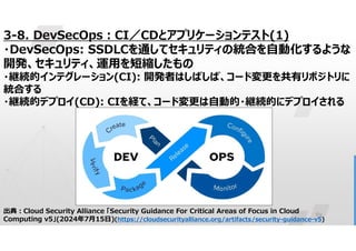 69
3-8. DevSecOps:CI／CDとアプリケーションテスト(1)
・DevSecOps: SSDLCを通してセキュリティの統合を自動化するような
開発、セキュリティ、運用を短縮したもの
・継続的インテグレーション(CI): 開発者はしばしば、コード変更を共有リポジトリに
統合する
・継続的デプロイ(CD): CIを経て、コード変更は自動的・継続的にデプロイされる
出典:Cloud Security Alliance 「Security Guidance For Critical Areas of Focus in Cloud
Computing v5」(2024年7月15日)(https://cloudsecurityalliance.org/artifacts/security-guidance-v5)
 