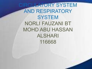 CIRCULATORY SYSTEM
AND RESPIRATORY
SYSTEM
NORLI FAUZANI BT
MOHD ABU HASSAN
ALSHARI
116668

 