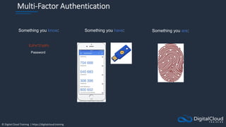© Digital Cloud Training | https://digitalcloud.training
Multi-Factor Authentication
Something you know:
EJPx!*21p9%
Password
Something you have: Something you are:
 